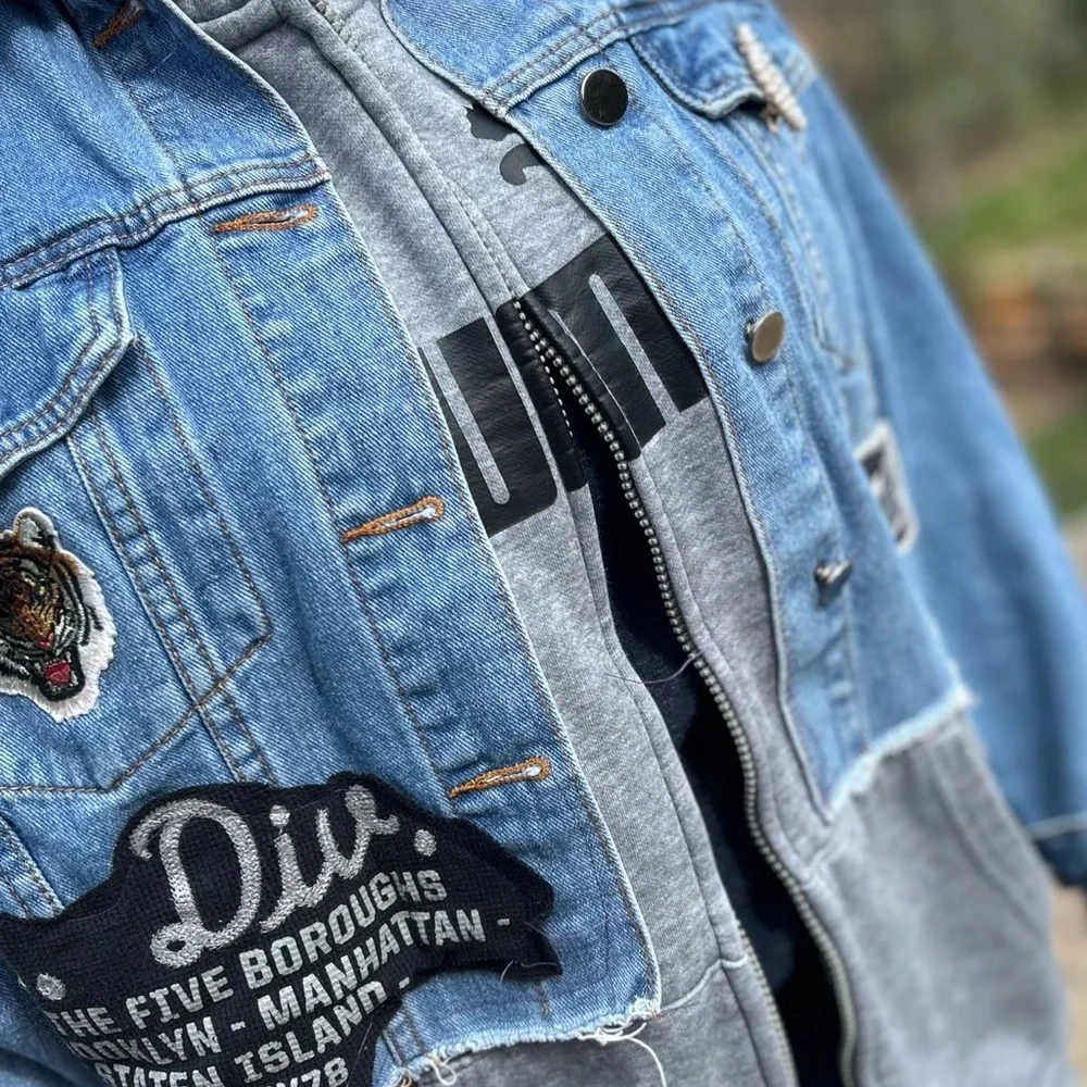 New York Yankees adorned jean jacket w/ vintage flair and attached Puma zip up. - Picture 15 of 16
